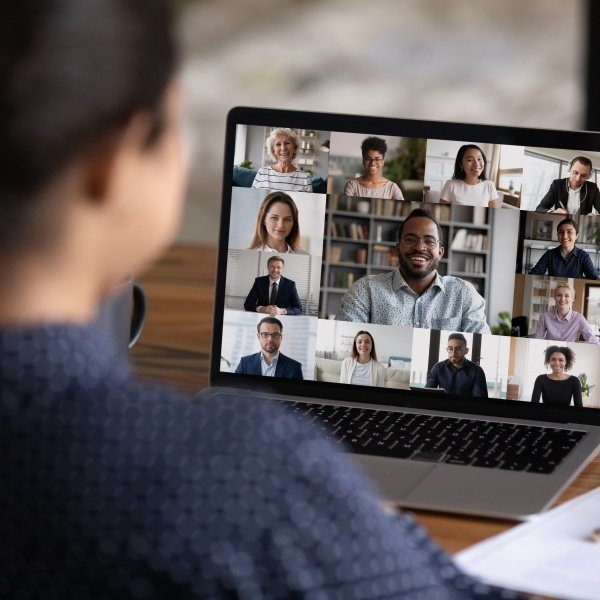 working virtually at home with video conference call