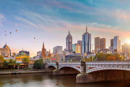 Melbourne city skyline at twilight in Australia