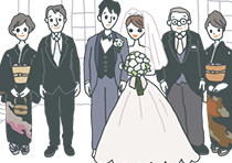 6人(新郎新婦、それぞれの両親)だけの集合写真撮影イラスト