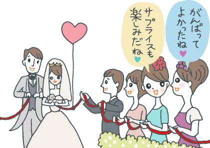 笑顔でリングリレーをする新郎新婦の友人たち。「がんばってよかったね!」「この後のサプライズも楽しみだね!」とささやき合っている