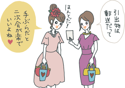 顔を寄せて1枚のカードをみながら「引出物は郵送だって」「手ぶらだと二次会が楽でいいよね」と言い合う若い女性ゲストたち。それぞれ小さな紙袋(引菓子やプチギフト)を持っている。