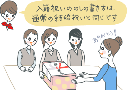 イラスト:同僚女性に、入籍祝いを送っているOL3人組。「入籍祝いののしの書き方は、通常の結婚祝いと同じです」とコンシェルジュ。