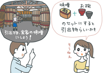 イラスト:新郎の実家は味噌の製造会社。「引出物、実家の味噌にしよう!」と提案すると、新婦が「味噌+お椀のセットにすると引き出物らしいかも」とフォローする