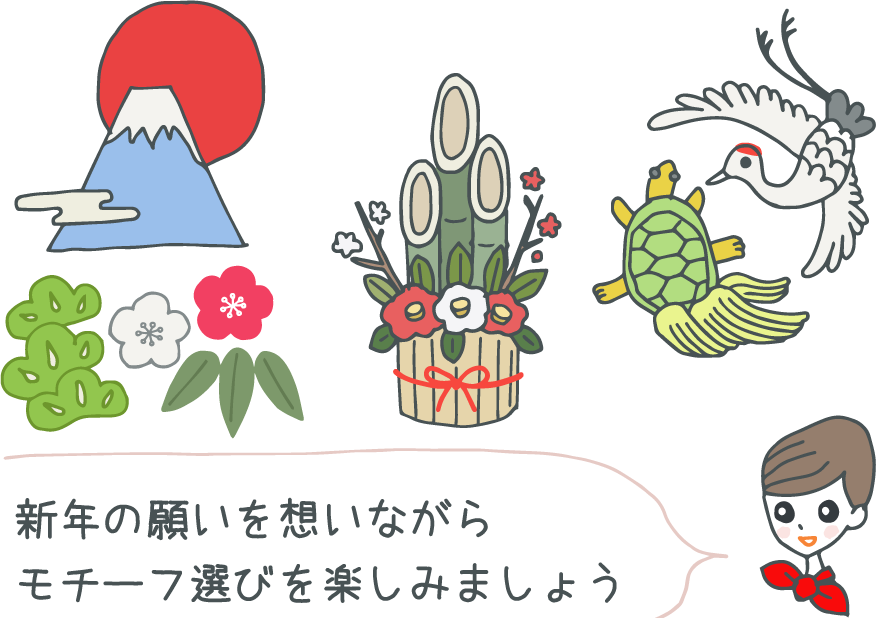 イラスト:縁起物モチーフを指差しながら「新年の願いを想いながら、モチーフ選びを楽しみましょう!」とコンシェルジュ