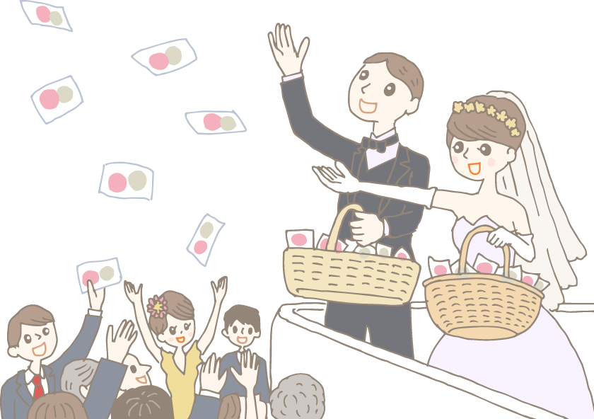 イラスト:高い場所から小袋に入った紅白の餅を豪快に投げる新郎新婦と、それを取ろうと盛り上がる結婚式参列者
