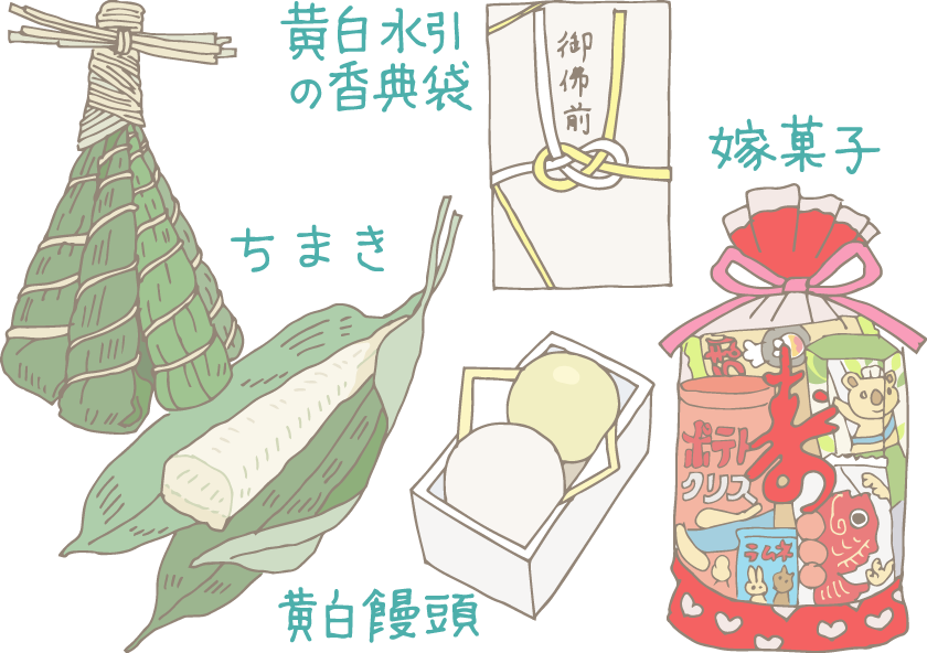 イラスト:左上から時計回りに「ちまき」「黄白水引の香典袋」「嫁菓子」「黄白饅頭」