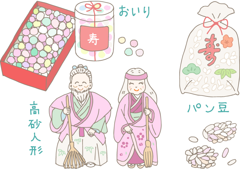 イラスト:左上から時計回りに、おいり(四角い折箱入りと円筒形のプラ容器入り)、パン豆、高砂人形