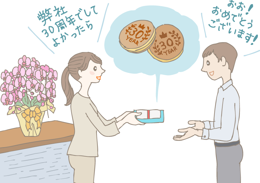 イラスト:「弊社30周年でして、よかったら」とお客様に周年記念ギフトを手渡す様子。中身は「30Years」と焼き印の入ったどら焼きのセット。「おお!おめでとうございます!」と喜ぶお客様。背後のカウンターには立派な胡蝶蘭の鉢が置かれている。