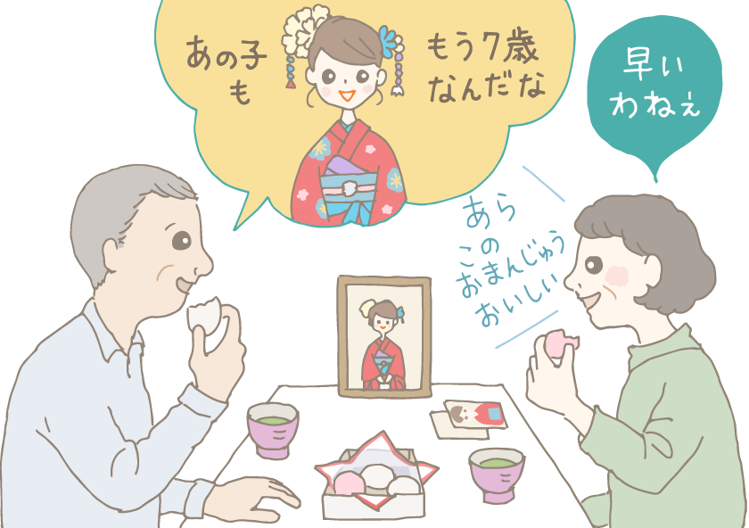 イラスト:孫の七五三お祝いの紅白饅頭を食べながら、孫の晴れ着(着物)姿の写真を見て談笑する夫婦。