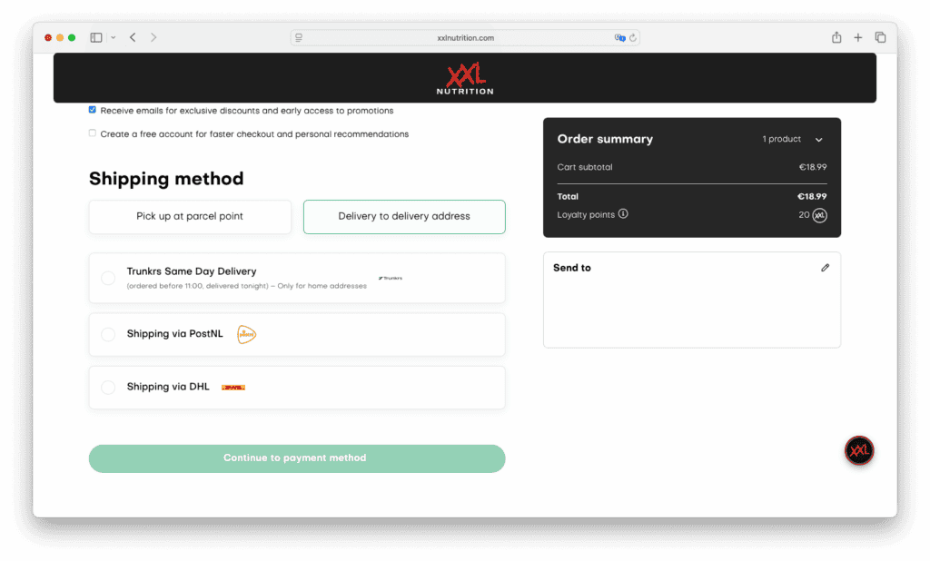 Screenshot of XXL Nutrition's checkout with various delivery options like Trunkrs same day delivery, shipping via PostNL or DHL