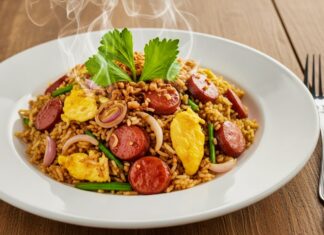Resep Nasi Goreng Sederhana Tapi Istimewa Banget Nasi goreng nikmat dengan sosis, telur, dan taburan bawang goreng, hidangan yang mengundang selera.
