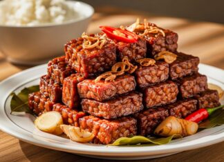 Resep Tahu Tempe Bacem: Resep Tradisional yang Bikin Kangen Rumah Tempeh manis pedas yang disajikan dengan irisan bawang dan cabai, menciptakan hidangan lezat khas Indonesia.