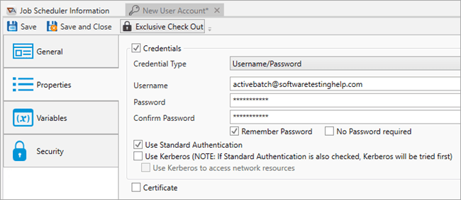 An ActiveBatch Execution Queue property sheet with the Username/Password Credential Type selected.