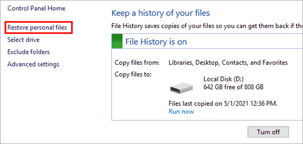click on Restore personal files