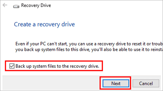 Back up system files to the recovery drive
