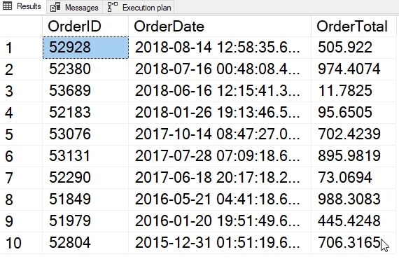 First ten results from sample set