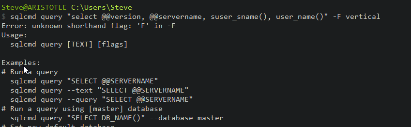 go-sqlcmd error with -F flag