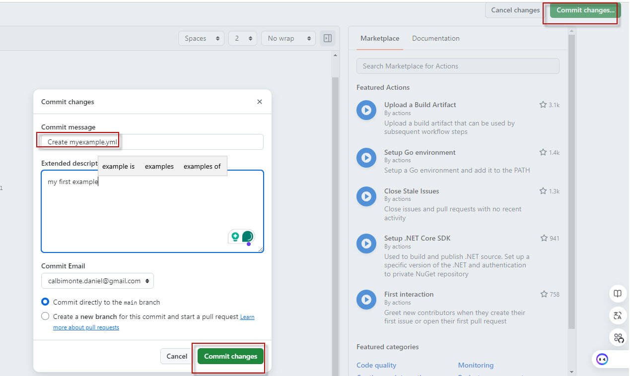 commit actions in GitHub Web Platform