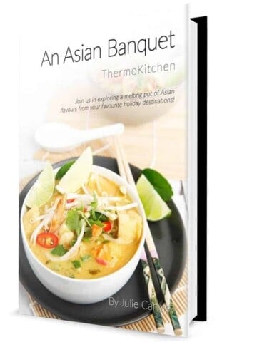 An Asian Banquet Cookbook Hardcopy Cover page with Laksa on the front Thermomix Cookbook
