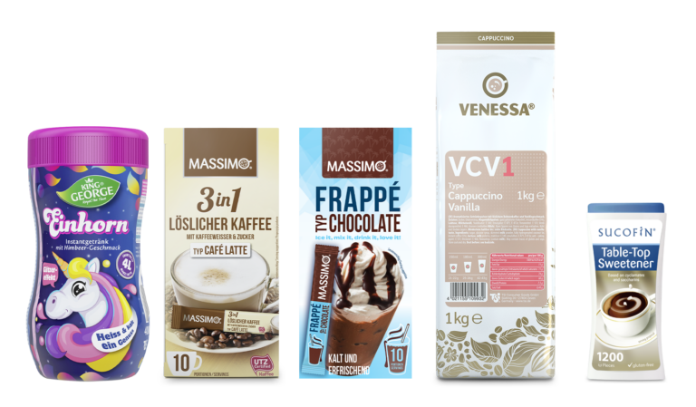 King George: Einhorn Instantgetränk mit Himbeergeschmack, Massimo: 3in1 Löslicher Kaffee Typ Café Latte, Massimo: Frappé Typ Chocolate, Venessa: VCV1 Cappuccino Vanilla Pulver, Sucofin: Table-Top Süßstoff in Spenderbox.