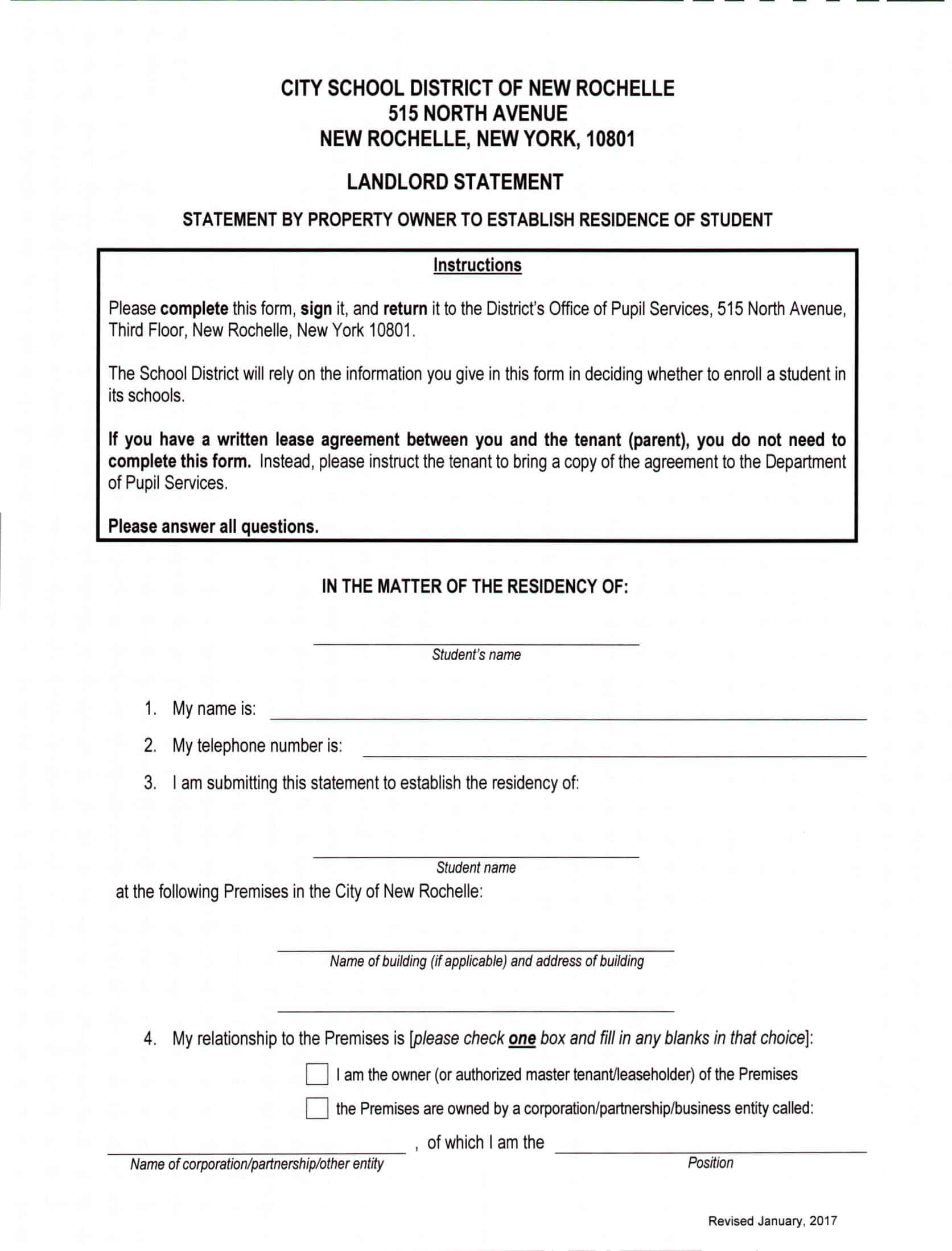 Landlord Statement Form for students Landlord Statement Form for students