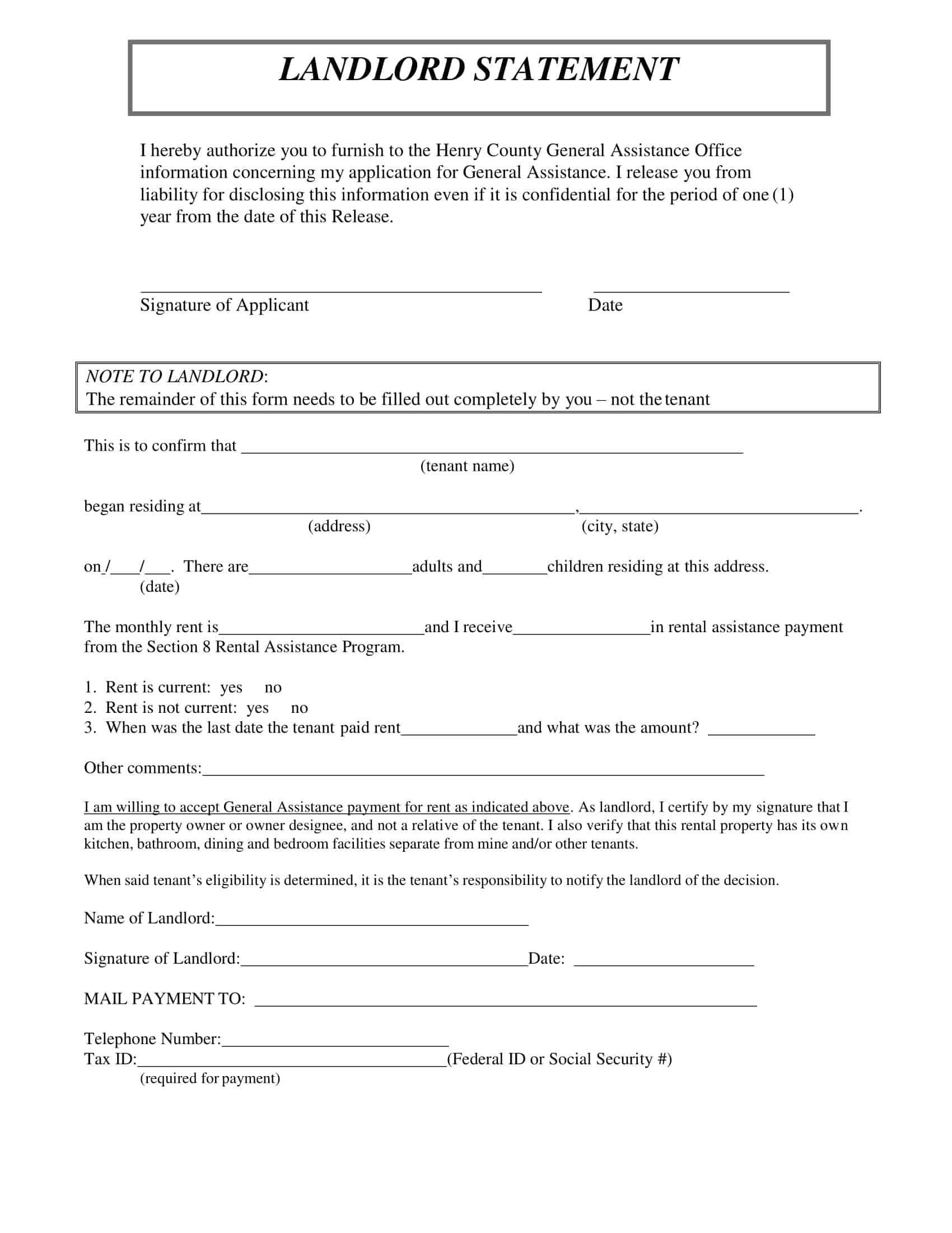 Landlord Statement for Allowance Form Landlord Statement for Allowance Form