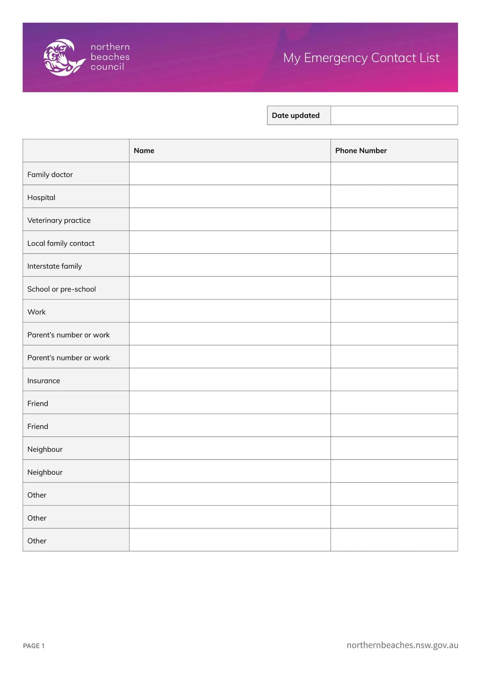 Fillable contact list PDF Fillable contact list PDF