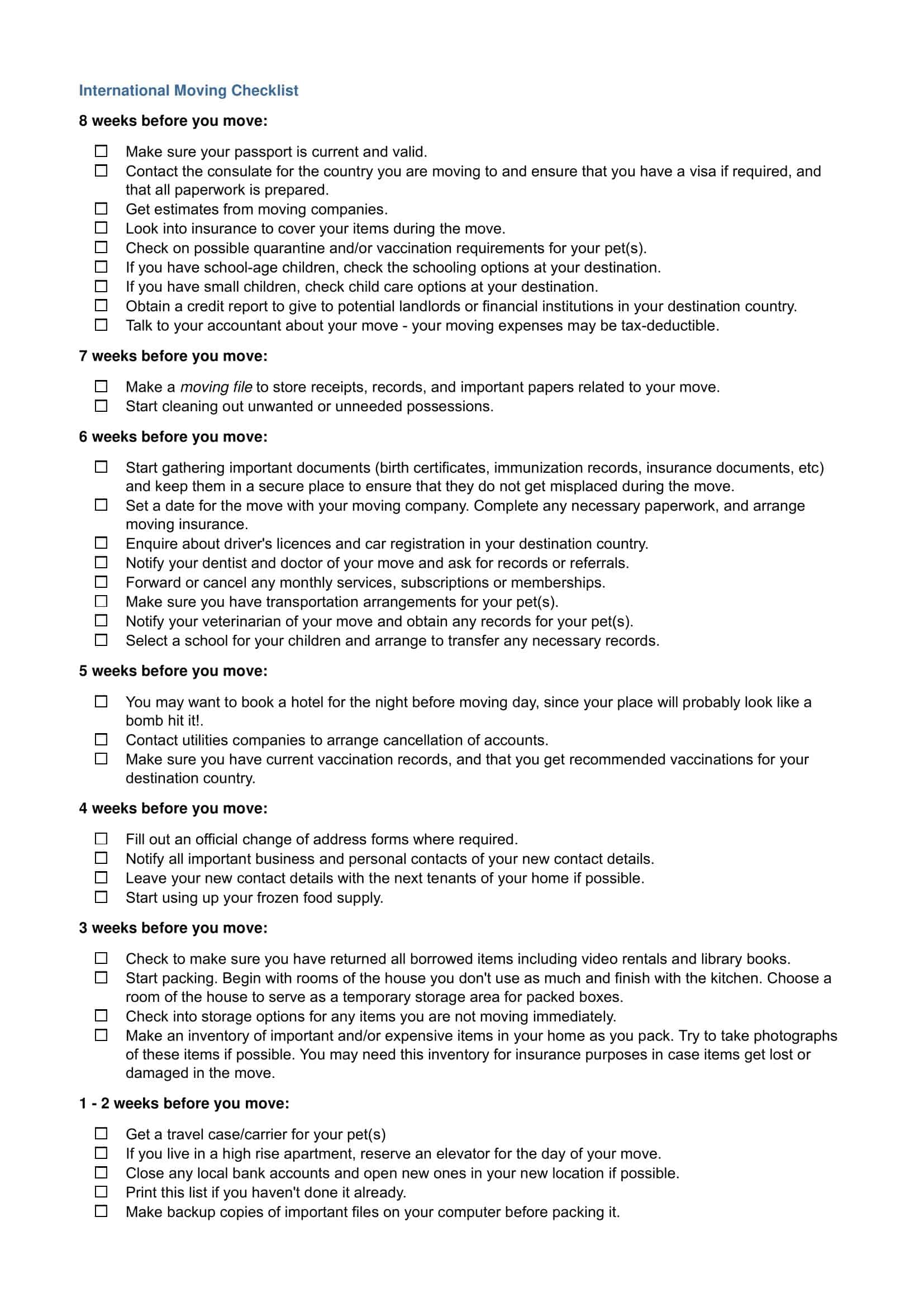 Free Moving Checklist Template PDF Free Moving Checklist Template PDF