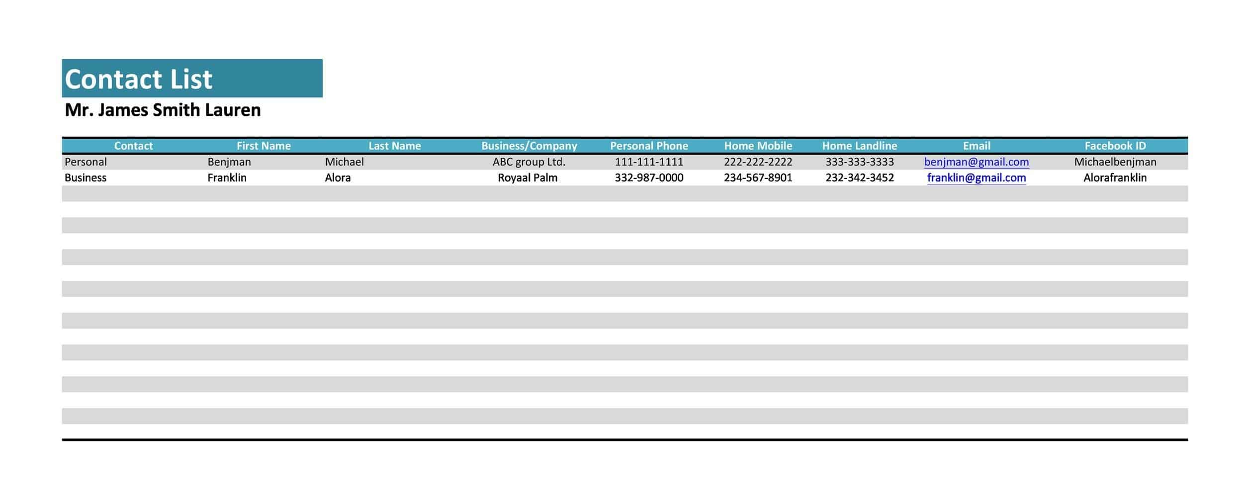 Printable Excel contact list Printable Excel contact list