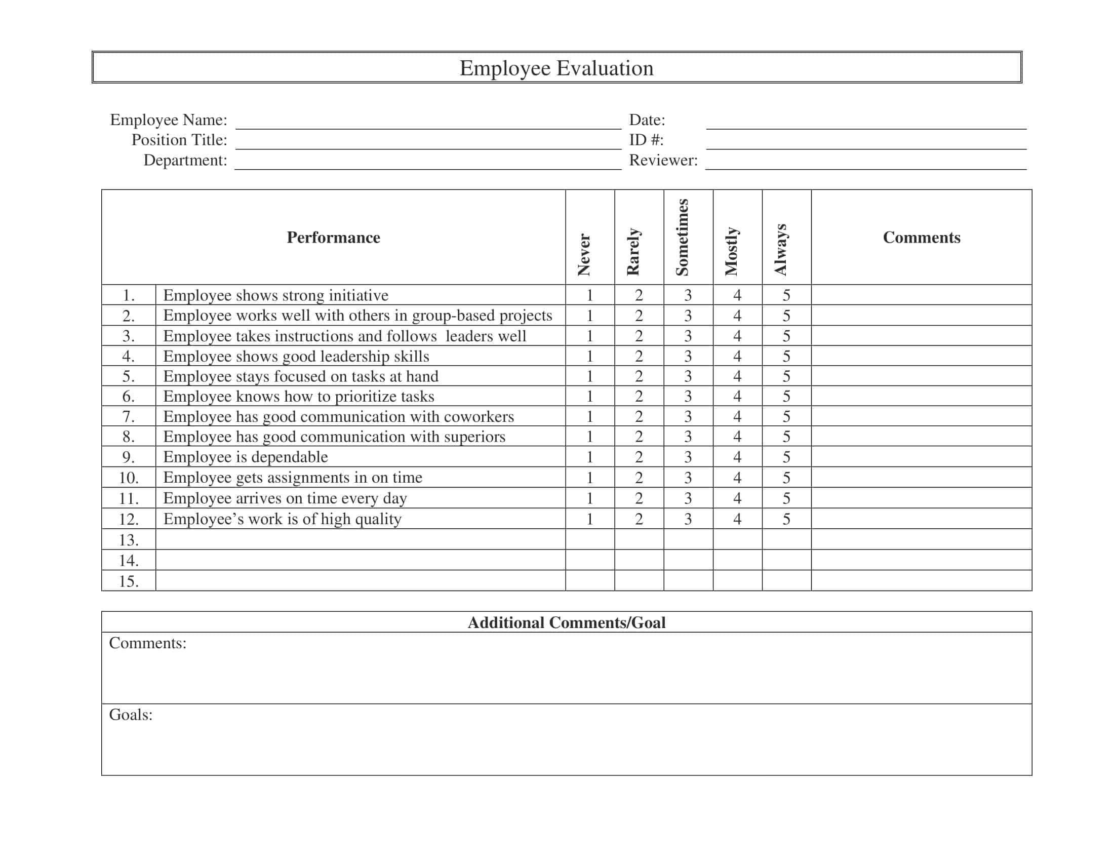 employee evaluation form sample employee evaluation form sample