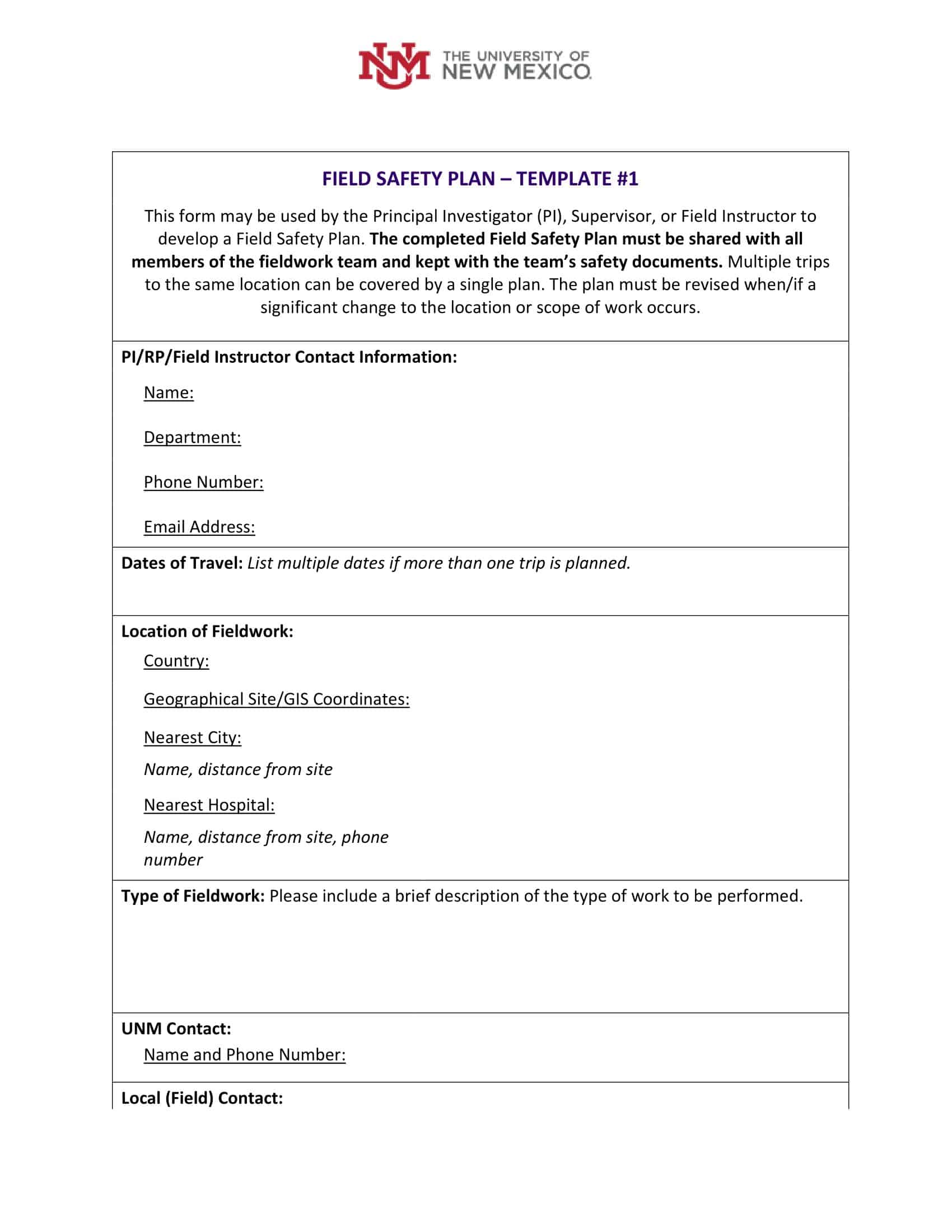 field safety plan field safety plan