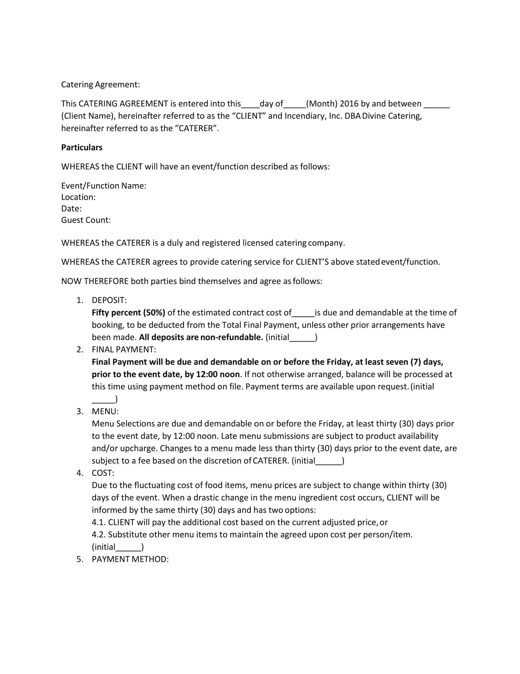 food catering contract template food catering contract template