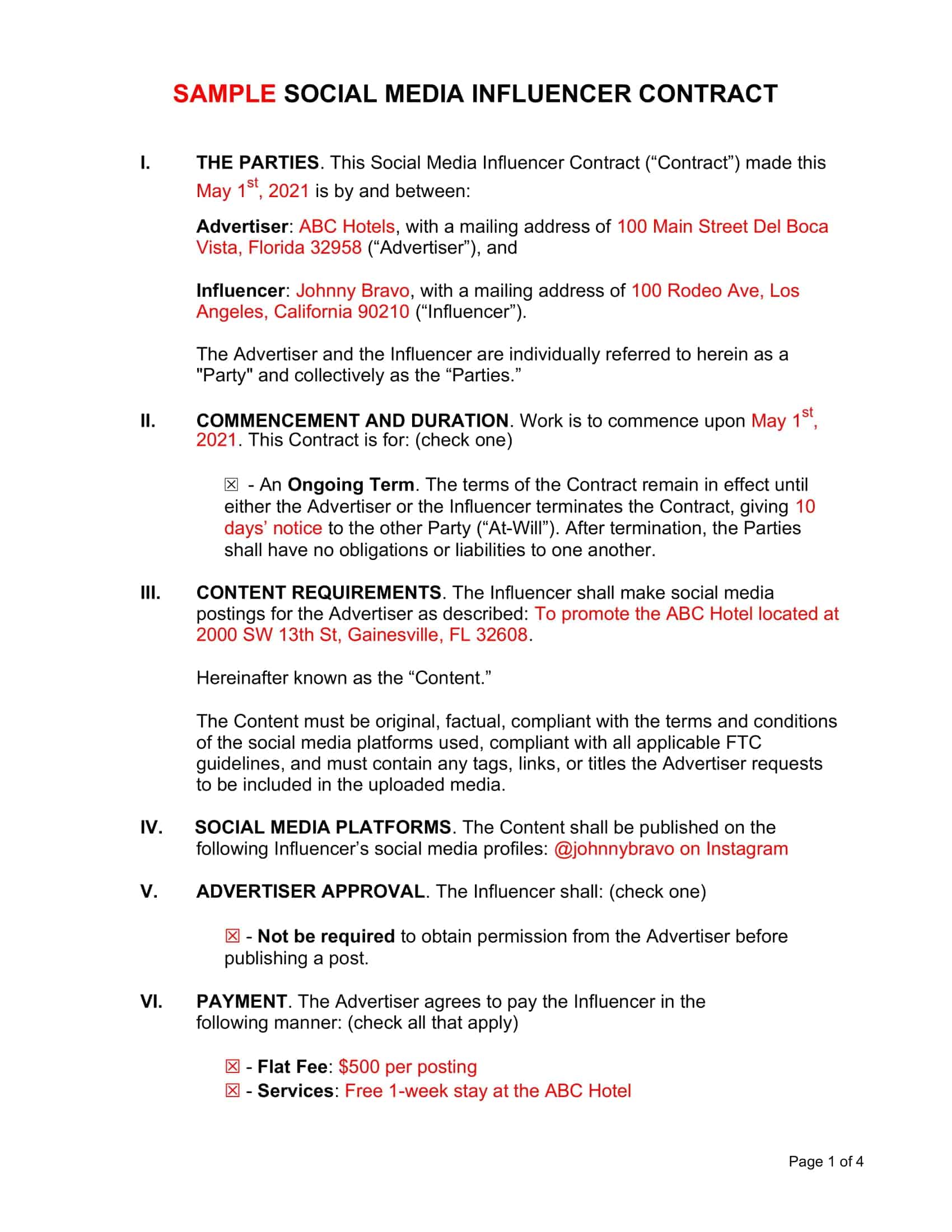 influencer contract sample influencer contract sample