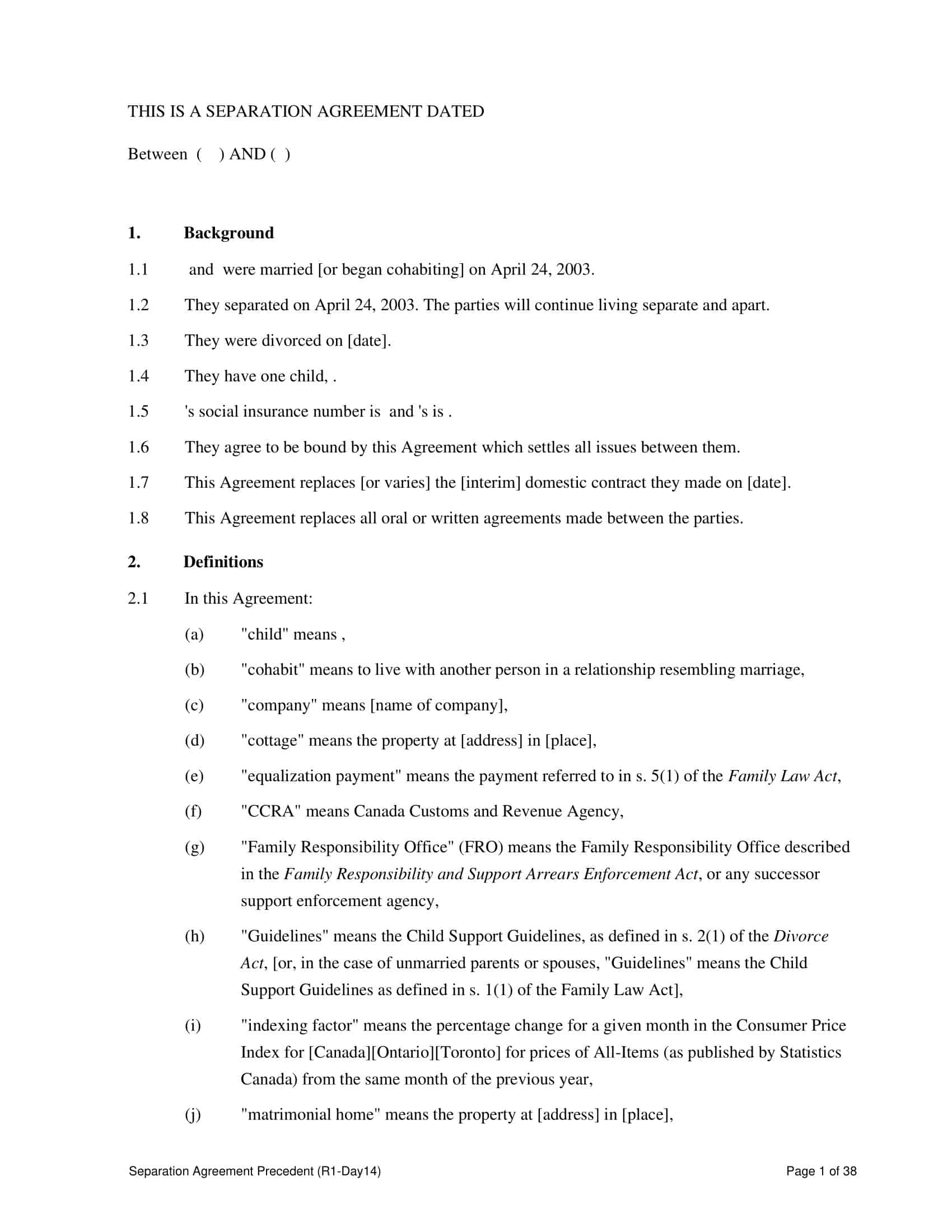 separation agreement templates separation agreement templates