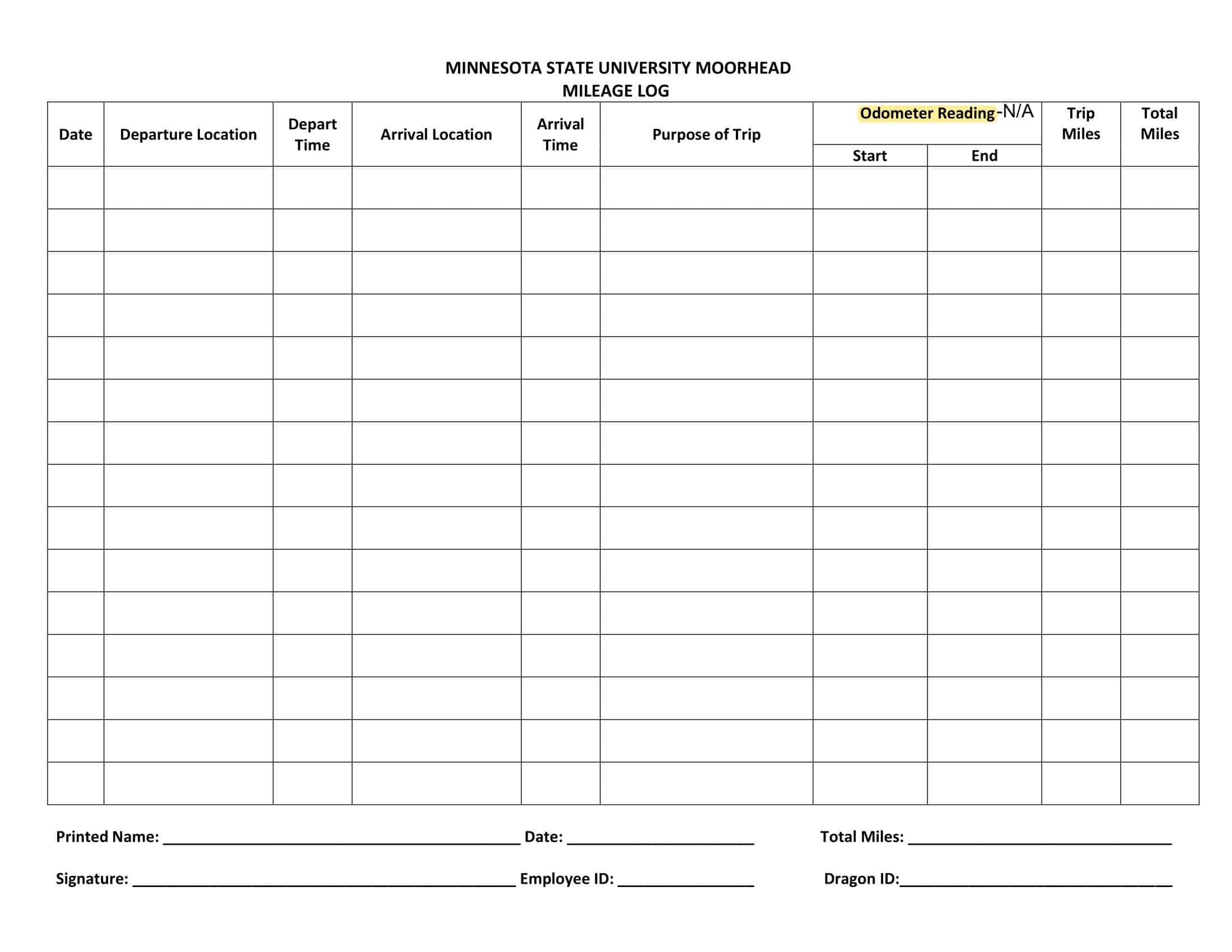 Blank Mileage Log Blank Mileage Log