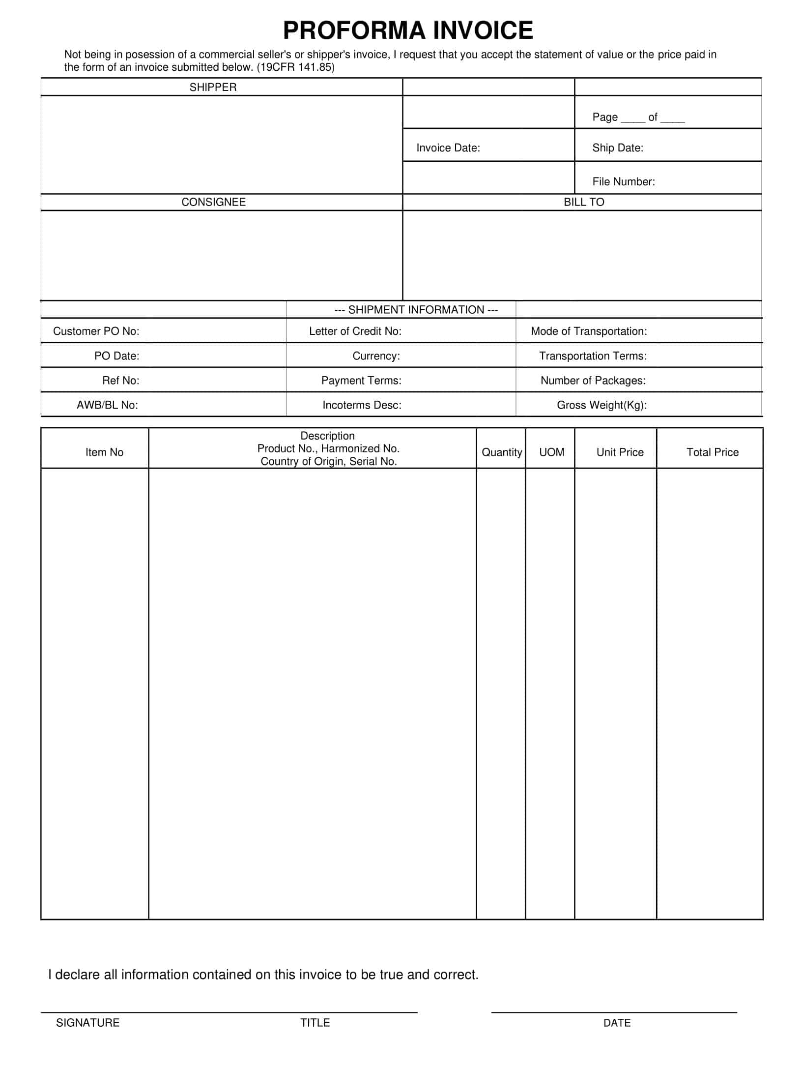 Blank Proforma Invoice Template Blank Proforma Invoice Template