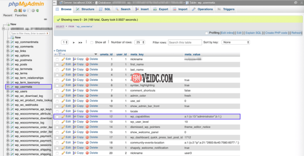 phpMyAdmin中的wp_usermeta表 phpMyAdmin中的wp_usermeta表