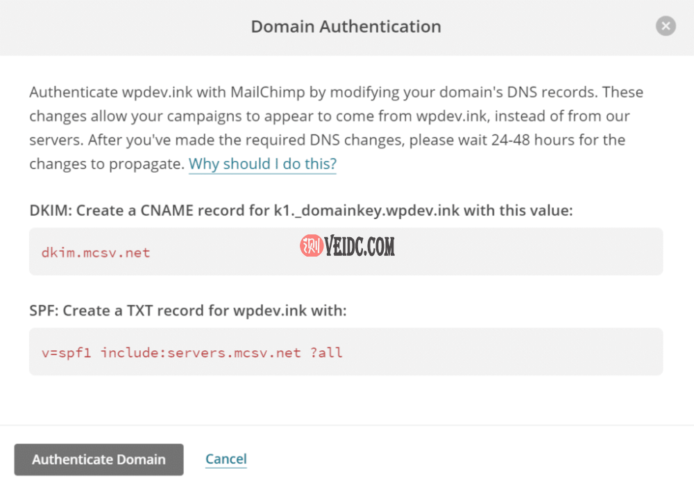 MailChimp域身份验证记录 MailChimp域身份验证记录