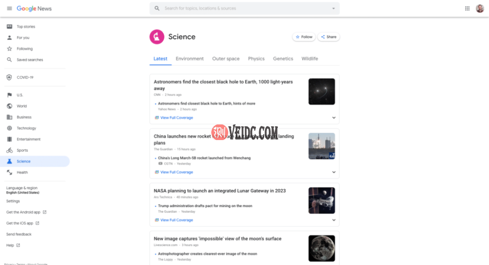 Google新闻上的科学故事示例页面 Google新闻上的科学故事示例页面