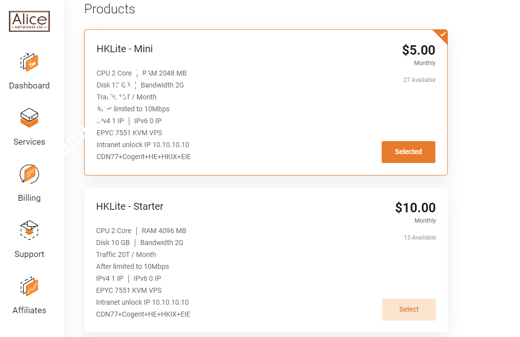 Alice Networks:香港国际线路VPS,EPYC 7551 CPU/1-5Gbps大带宽/CDN77+Cogent+HE+HKIX+EIE,月付$5起-SSHCE测评