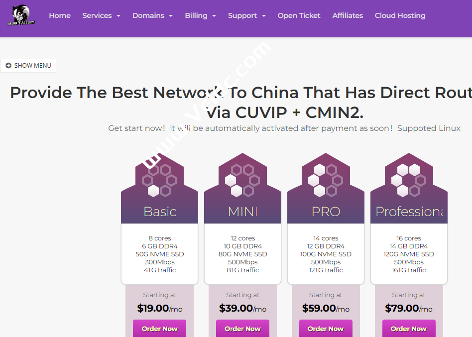 Skunkfactory:洛杉矶CUVIP + CMIN2线路VPS,8核6GB/50GB NVMe,300Mbps@4TB,月付$19起-SSHCE测评