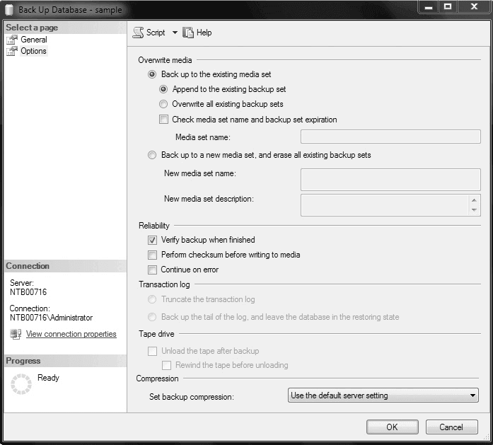 The Back Up Database dialog box, Options page