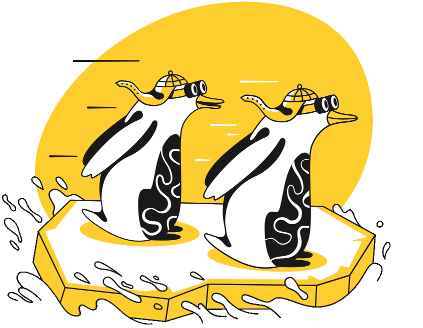 Two penguins wearing hats and goggles riding on an ice floe