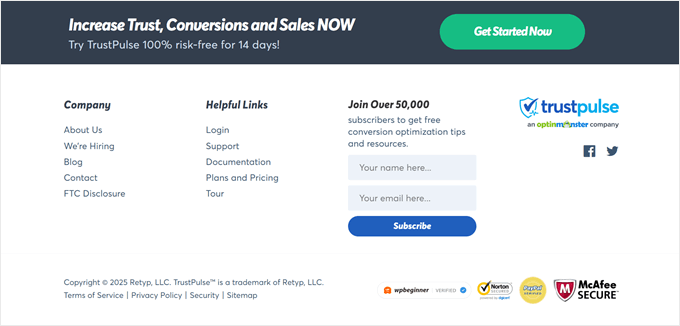 Custom Seafoods footer The TrustPulse footer is a great example of a minimalist approach, focusing entirely on an email newsletter signup
