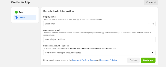 Enter basic information for app Enter basic information for app
