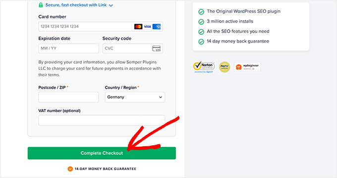 Die All in One SEO-Kasse, die zeigt, dass Ihr Rabatt angewendet wurde All in One SEO Kontoeinrichtung und Zahlungsdetails zur Kasse