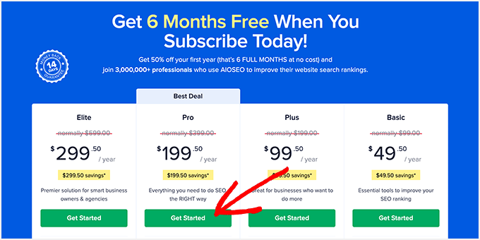 Klicken Sie auf die Schaltfläche „Get Started“ für Ihren gewählten All in One SEO-Plan Klicken Sie auf die Schaltfläche „Los geht’s“ für Ihren gewählten All in One SEO Preisplan