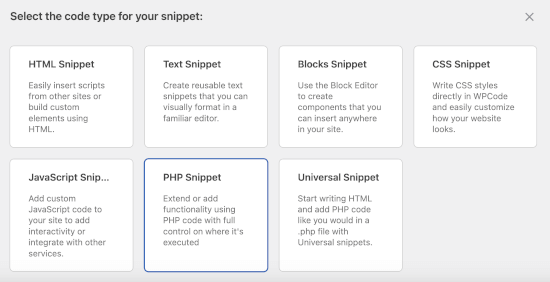 Choosing PHP as the code type Choosing PHP as the code type