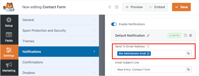 Standardbenachrichtigung von WPForms Standardbenachrichtigung von WPForms