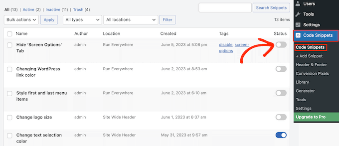Dezactivarea unui fragment de cod personalizat folosind WPCode Dezactivarea unui fragment de cod personalizat folosind WPCode